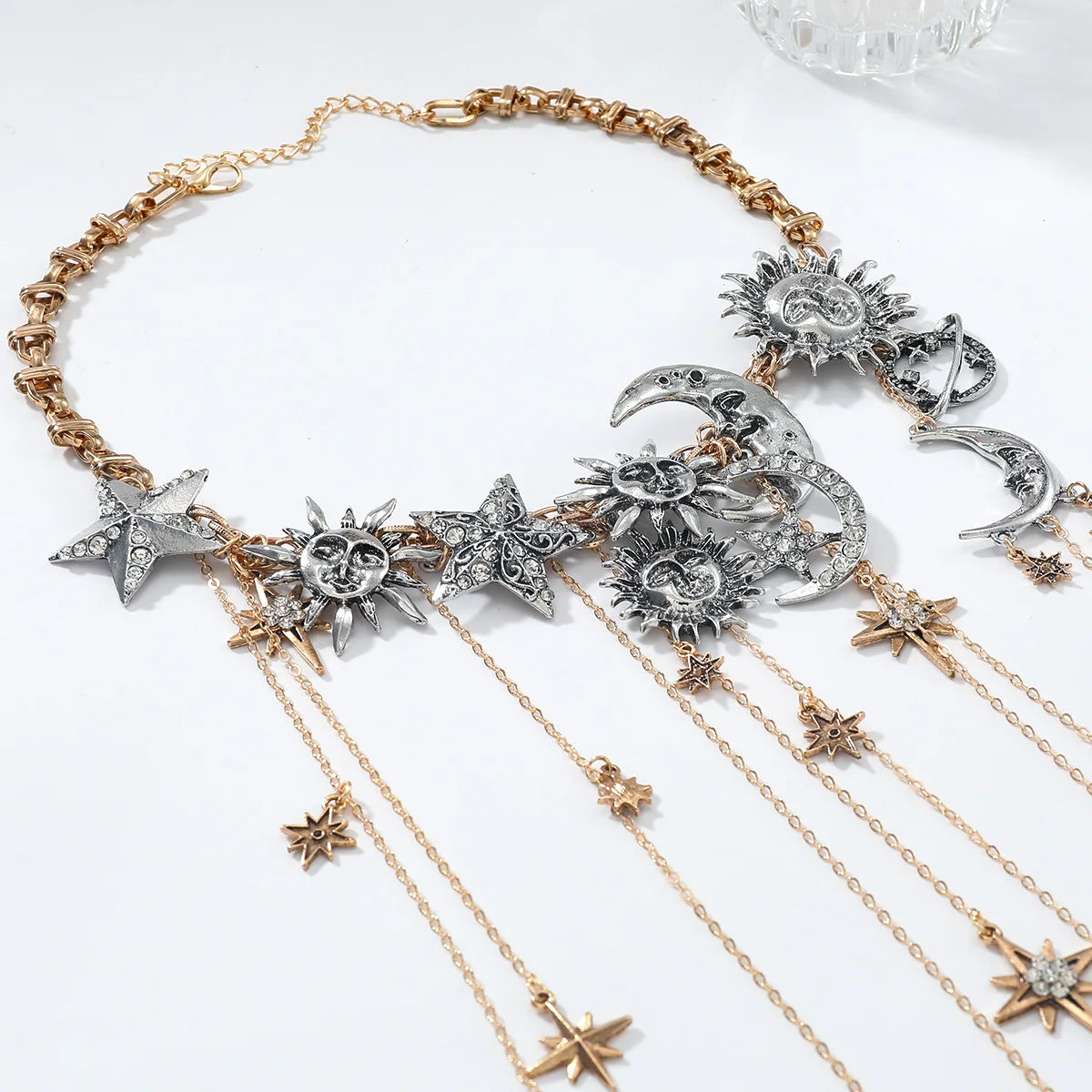 Exaggerated Multi-layered Tassel Pendant Necklace with Moon, Star, Sun, and Full Diamond Design for Women in Boho Style
