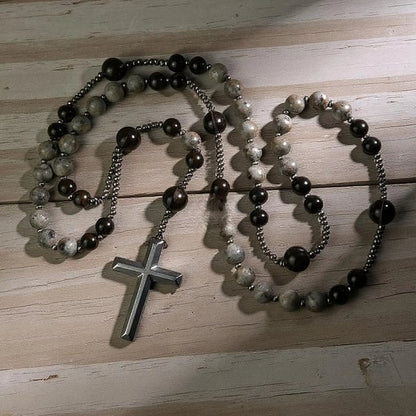 Natural Obsidian Yooperlite Rosary Necklace, UV Reactive Energy Protection Healing Crystal