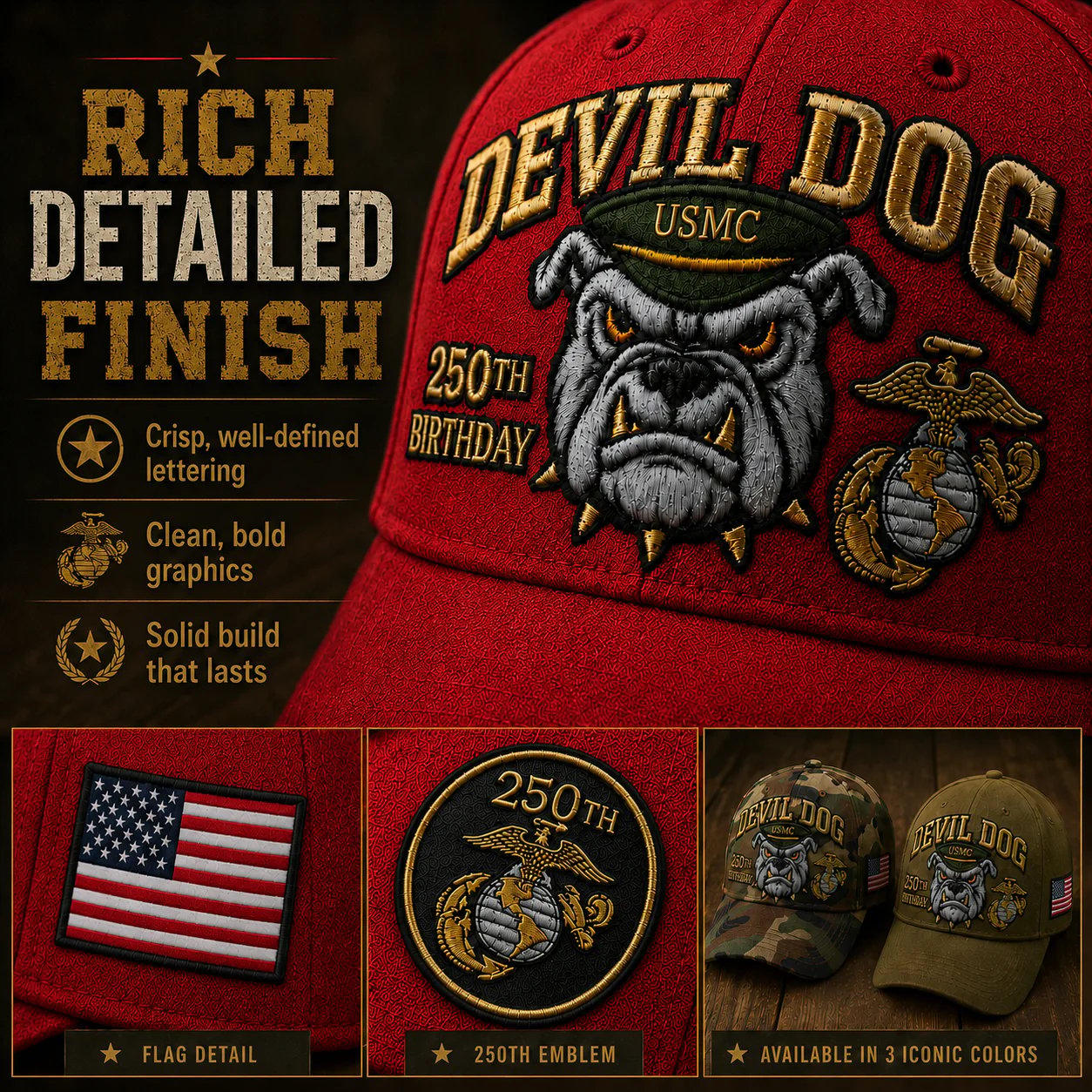 🔥 Father’s Day Sale - ❤️ Handmade Embroidered Devil Dog USMC 250th Birthday Commemorative Cap 🇺🇸