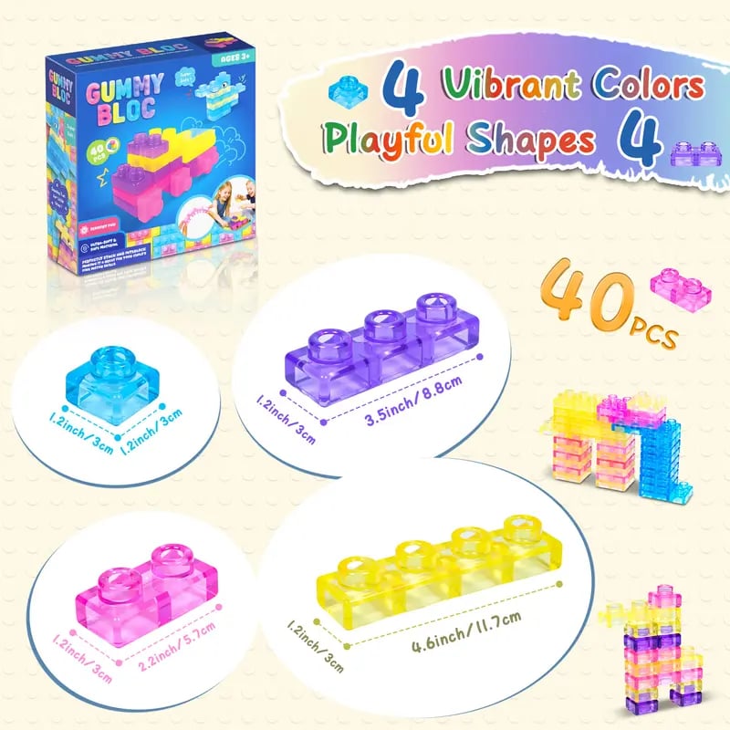 🧩GUMMY BLOC: 40-Piece Montessori Sensory Building Soft Blocks (BPA-Free & Non-Toxic Soft Silicone)