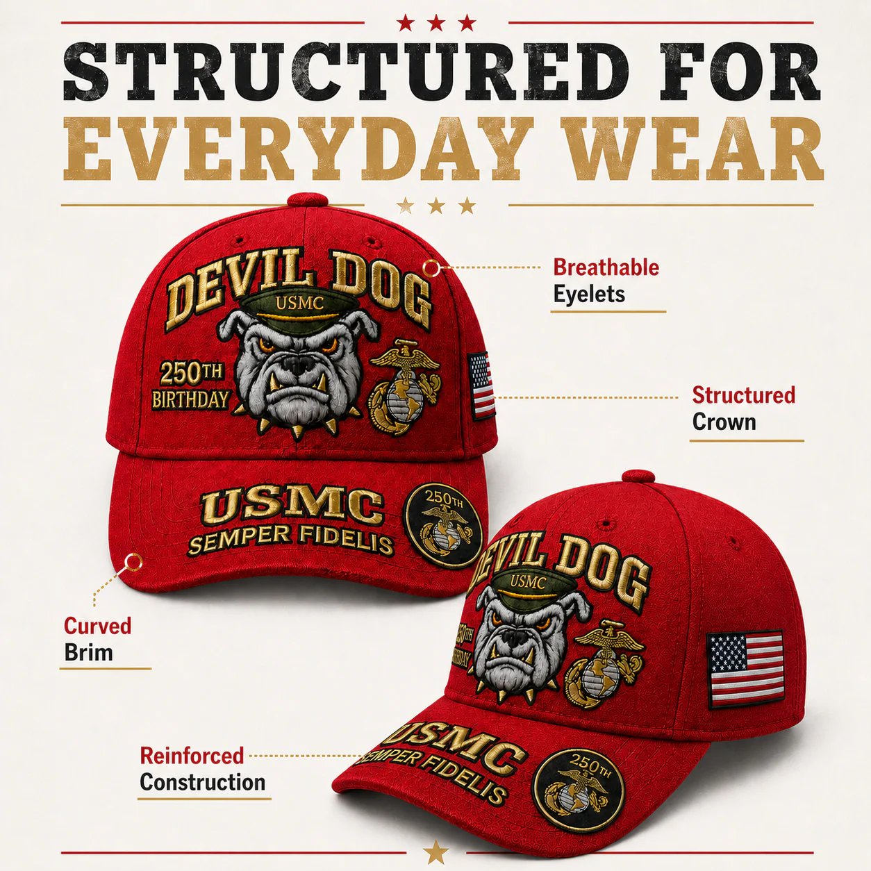 🔥 Father’s Day Sale - ❤️ Handmade Embroidered Devil Dog USMC 250th Birthday Commemorative Cap 🇺🇸