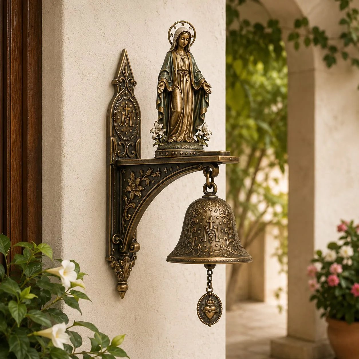 🙏 Our Lady of Grace Bronze Miraculous Medal Wall Bell | Catholic Religious Home & Garden Decor✨