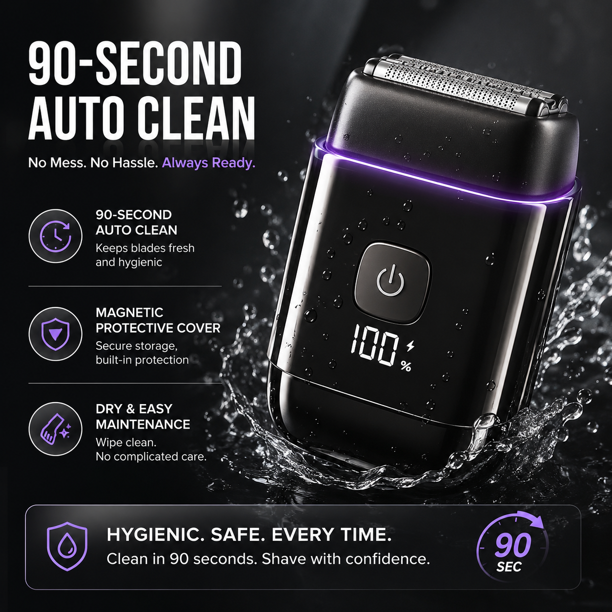 Electric Foil Shavers for Men, Self-Clean Mini Electric Razor with 3D Floating Blade, 2-Way Magnetic Cap Travel Shaver, USB-C Fast Charge, Waterproof Wet/Dry for Face Beard Neck, Model FK-712B
