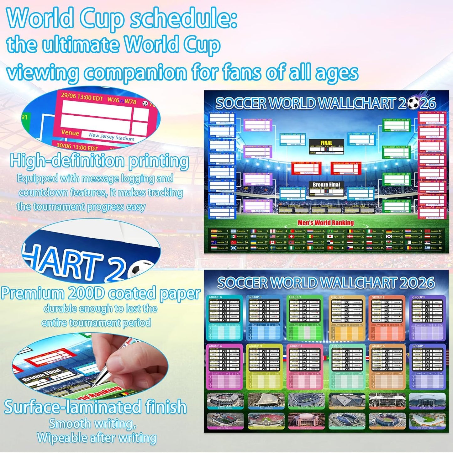 ⚽🏆 Ultimate 2026 Soccer Fan Wall Chart Kit – Group Stage & Knockout Posters (23.6” x 35.4”), Marker Pen & Mounting Strips Included 🎁
