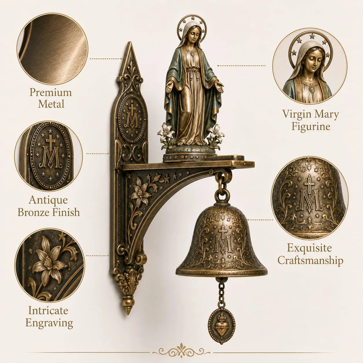 🙏 Our Lady of Grace Bronze Miraculous Medal Wall Bell | Catholic Religious Home & Garden Decor✨