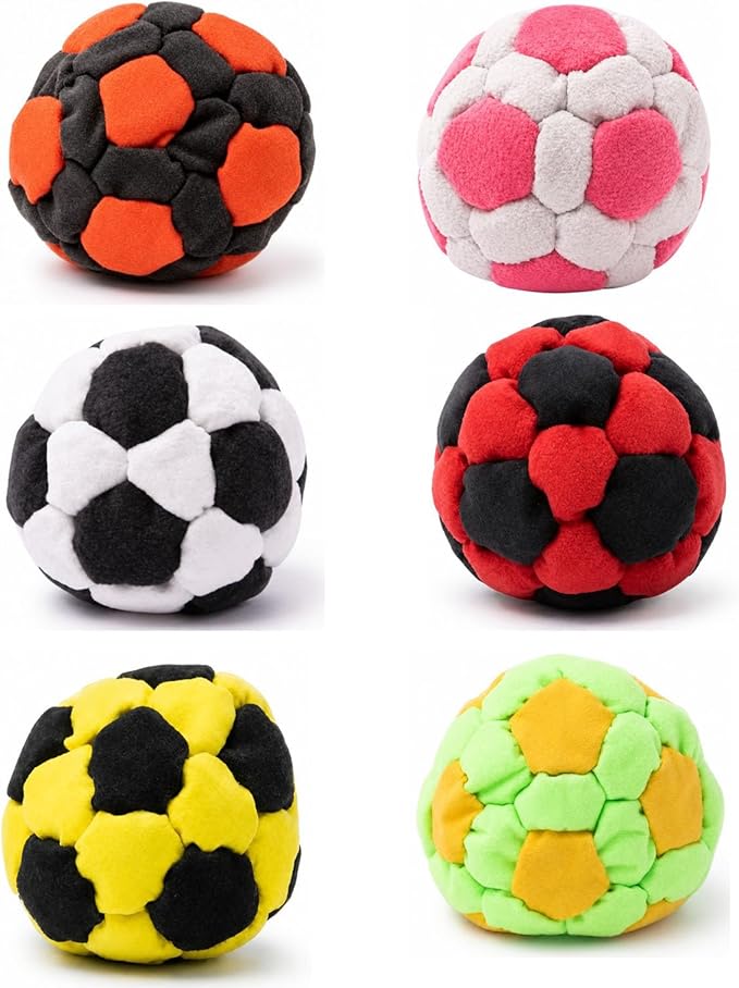 6 Pack Soccer Hackys Footbag Sacks - Soft Plush Footbags for Adults