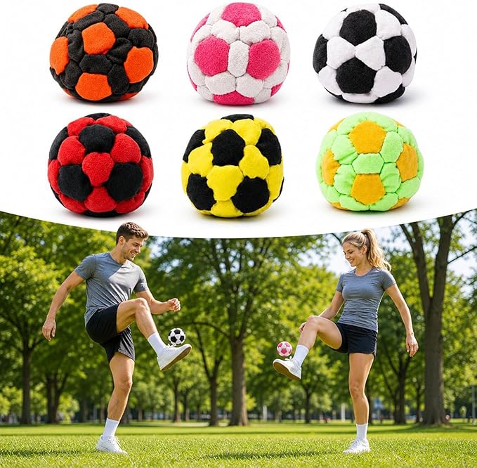 6 Pack Soccer Hackys Footbag Sacks - Soft Plush Footbags for Adults