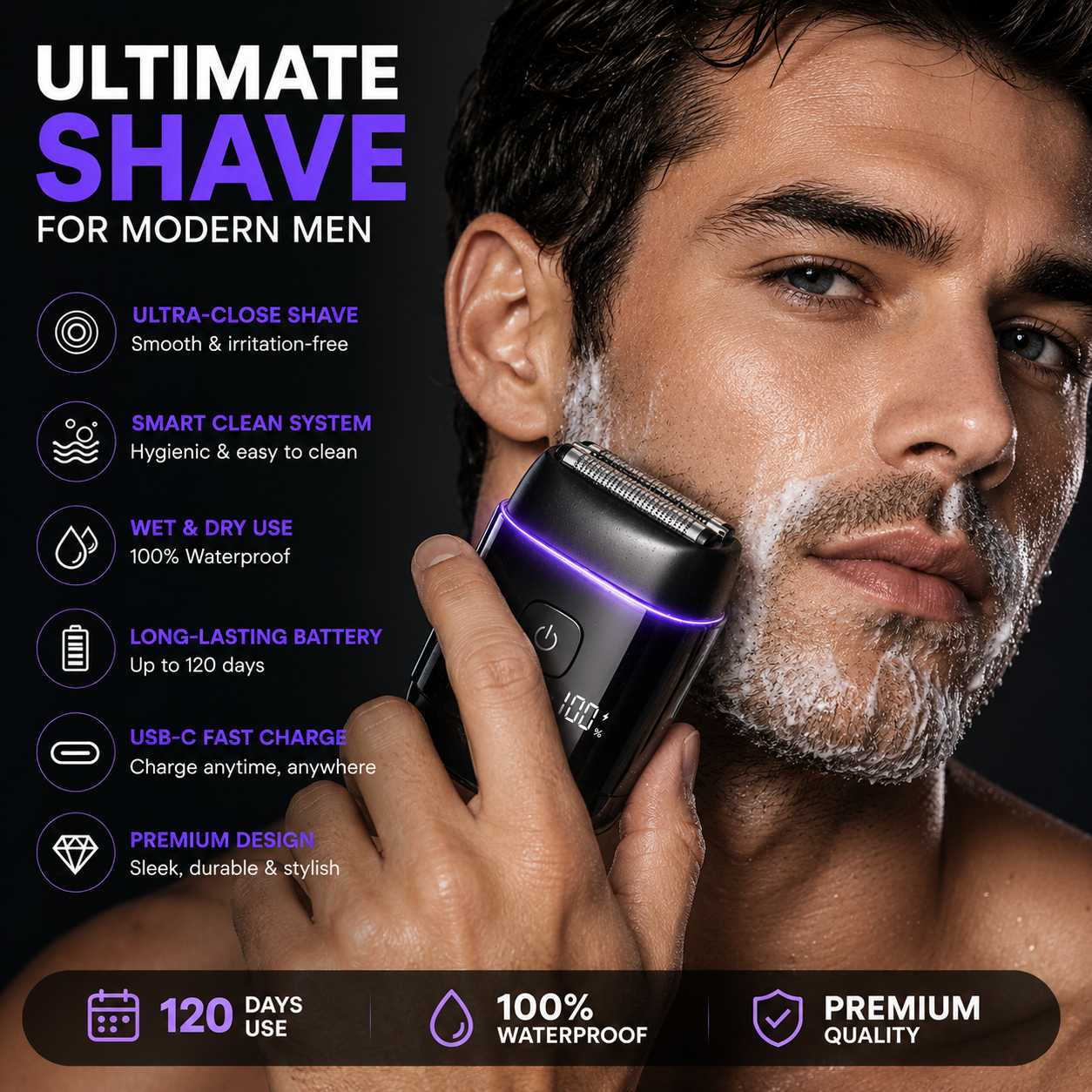 Electric Foil Shavers for Men, Self-Clean Mini Electric Razor with 3D Floating Blade, 2-Way Magnetic Cap Travel Shaver, USB-C Fast Charge, Waterproof Wet/Dry for Face Beard Neck, Model FK-712B