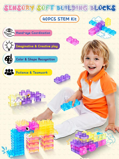 🧩GUMMY BLOC: 40-Piece Montessori Sensory Building Soft Blocks (BPA-Free & Non-Toxic Soft Silicone)