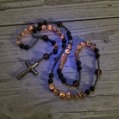 Natural Obsidian Yooperlite Rosary Necklace, UV Reactive Energy Protection Healing Crystal