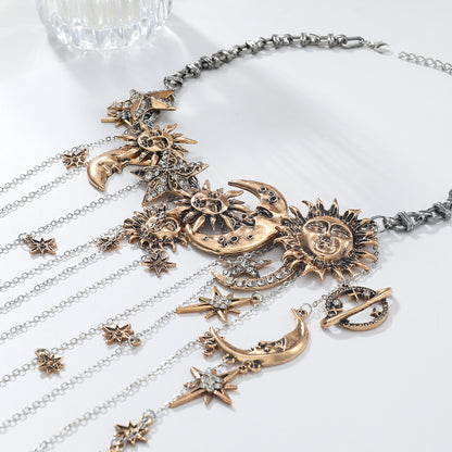 Exaggerated Multi-layered Tassel Pendant Necklace with Moon, Star, Sun, and Full Diamond Design for Women in Boho Style