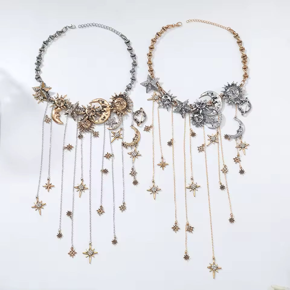 Exaggerated Multi-layered Tassel Pendant Necklace with Moon, Star, Sun, and Full Diamond Design for Women in Boho Style
