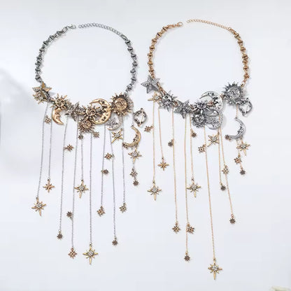 Exaggerated Multi-layered Tassel Pendant Necklace with Moon, Star, Sun, and Full Diamond Design for Women in Boho Style
