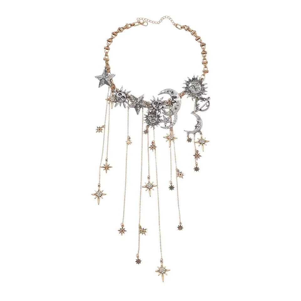 Exaggerated Multi-layered Tassel Pendant Necklace with Moon, Star, Sun, and Full Diamond Design for Women in Boho Style