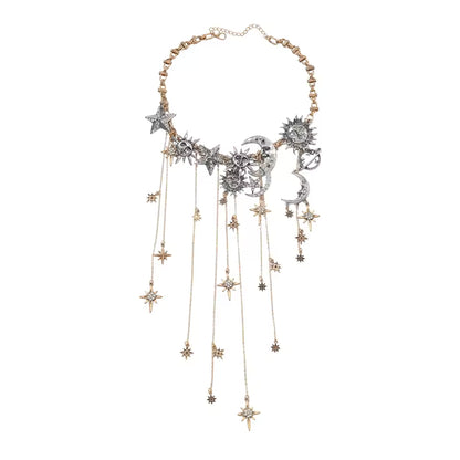 Exaggerated Multi-layered Tassel Pendant Necklace with Moon, Star, Sun, and Full Diamond Design for Women in Boho Style
