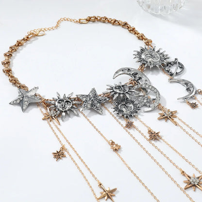 Exaggerated Multi-layered Tassel Pendant Necklace with Moon, Star, Sun, and Full Diamond Design for Women in Boho Style