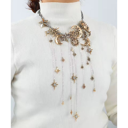 Exaggerated Multi-layered Tassel Pendant Necklace with Moon, Star, Sun, and Full Diamond Design for Women in Boho Style