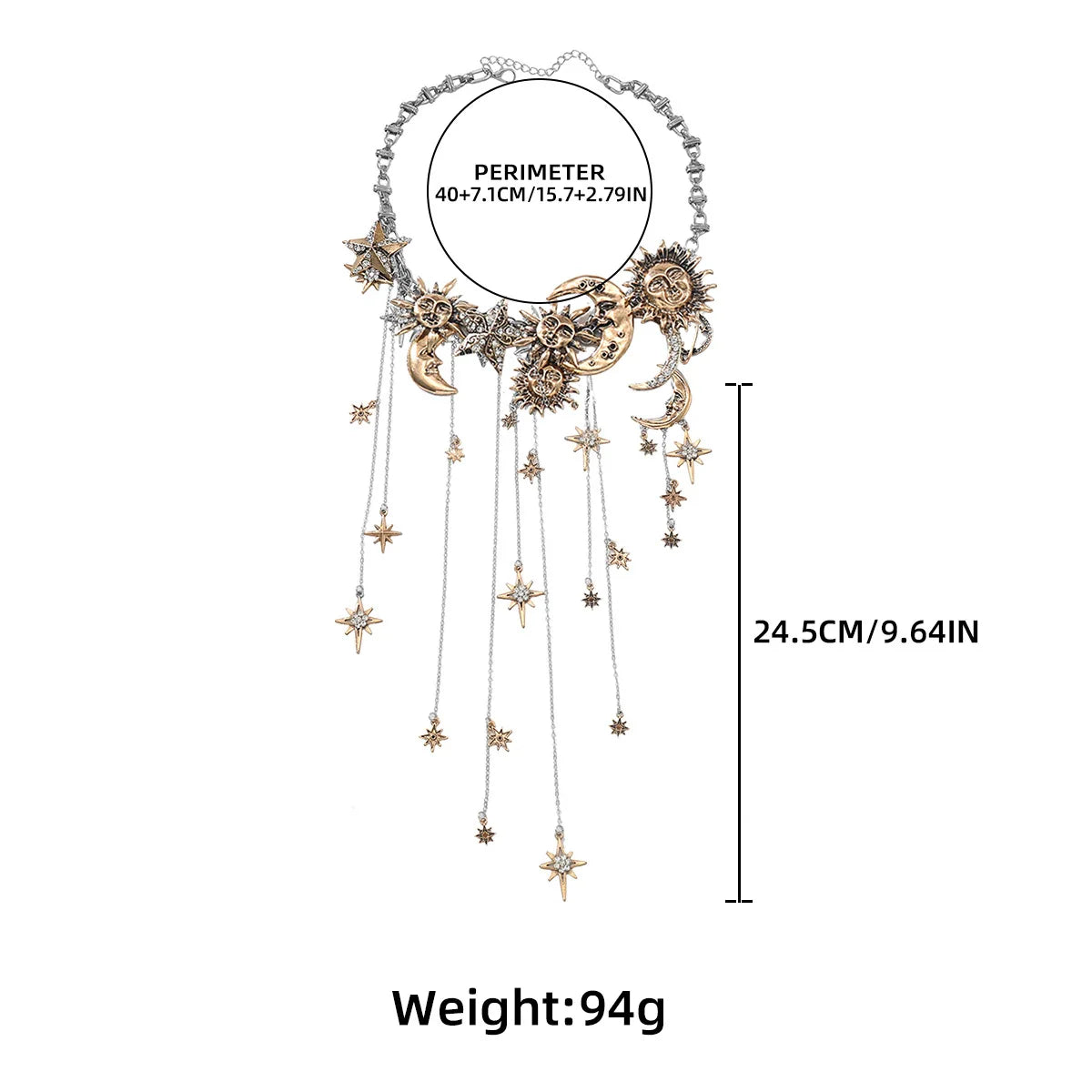 Exaggerated Multi-layered Tassel Pendant Necklace with Moon, Star, Sun, and Full Diamond Design for Women in Boho Style