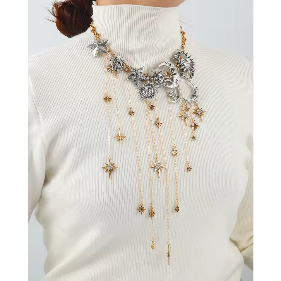 Exaggerated Multi-layered Tassel Pendant Necklace with Moon, Star, Sun, and Full Diamond Design for Women in Boho Style
