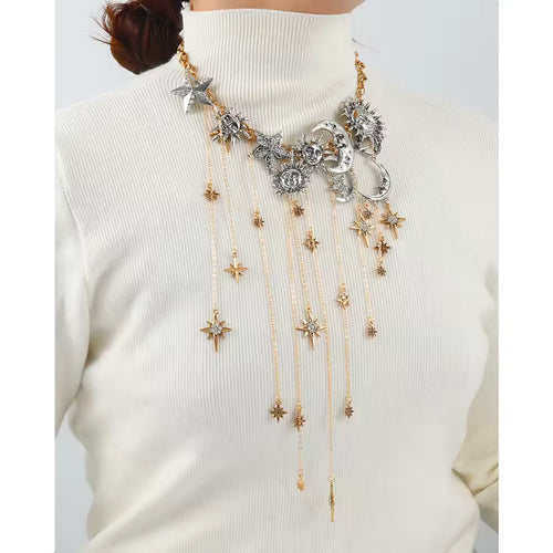 Exaggerated Multi-layered Tassel Pendant Necklace with Moon, Star, Sun, and Full Diamond Design for Women in Boho Style