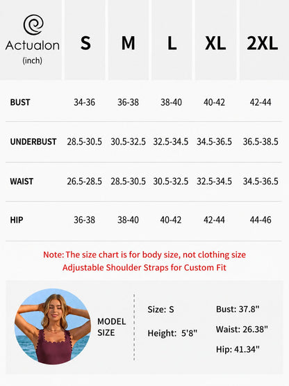 One Piece Swim Dress Scalloped Modest Swimsuits for Women Tummy Control Bathing Suit with Skirt Square Neck