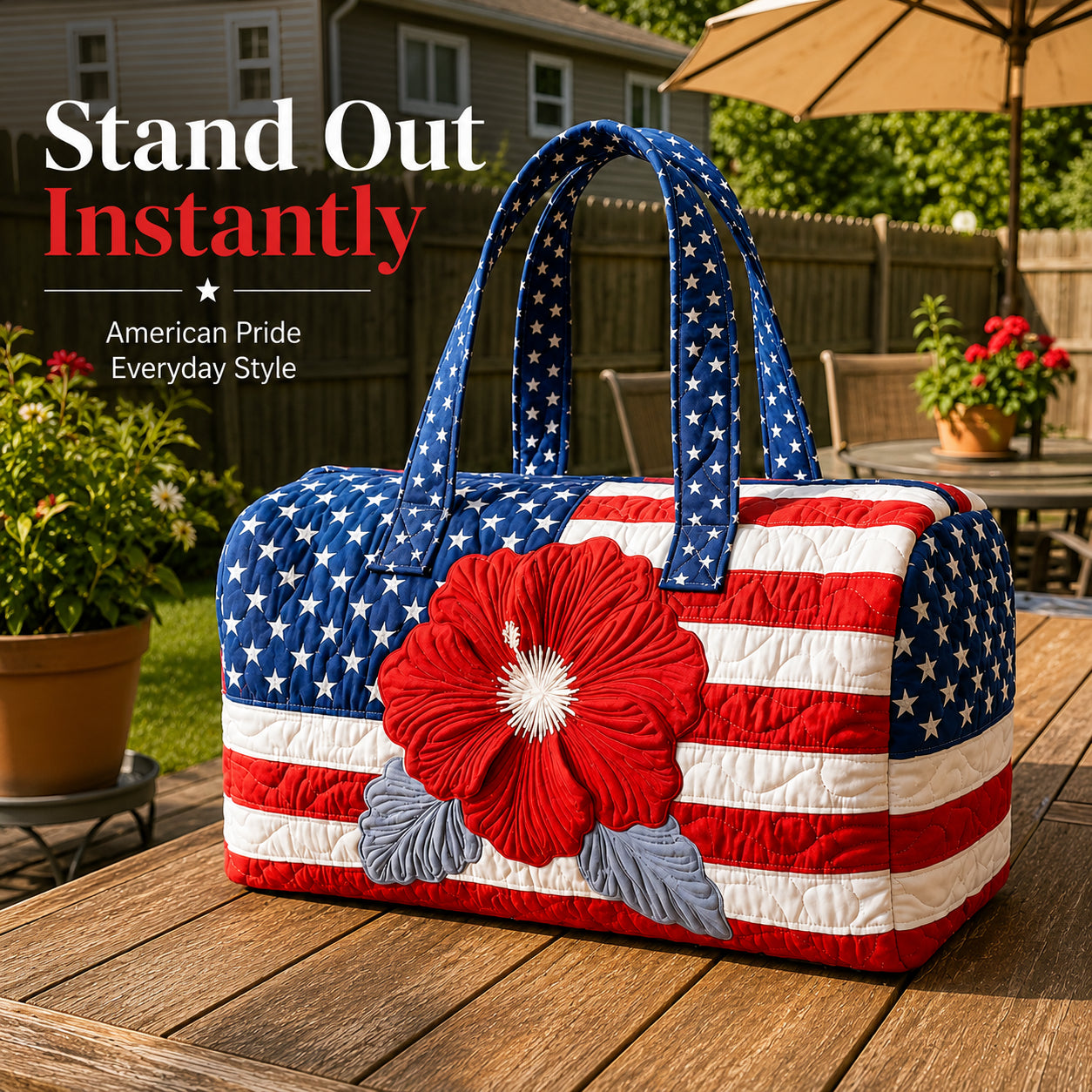 Patriotic Quilted Tote Bag | 3D Floral American Flag Travel Duffel
