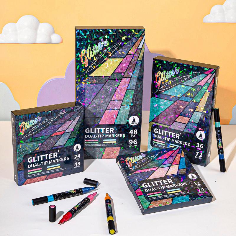 🎨Glitter Effect Brush Markers🥇✨: Create Sparkling Art Smoothly 🥳(🌈24-96 Colors | Smooth No Clog | No Bleed Through📝)