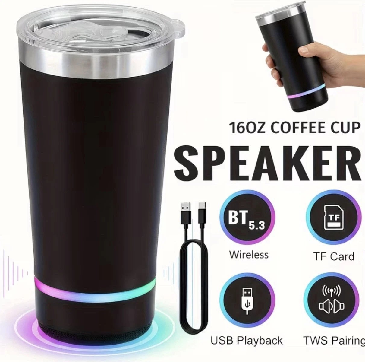 🎶20oz Bluetooth Speaker Insulated Mug🥇✨: Your Perfect Vibe for Sips & Sounds 🥳(🔓Detachable 2-Piece | RGB Lights & Temp Lock🥤)
